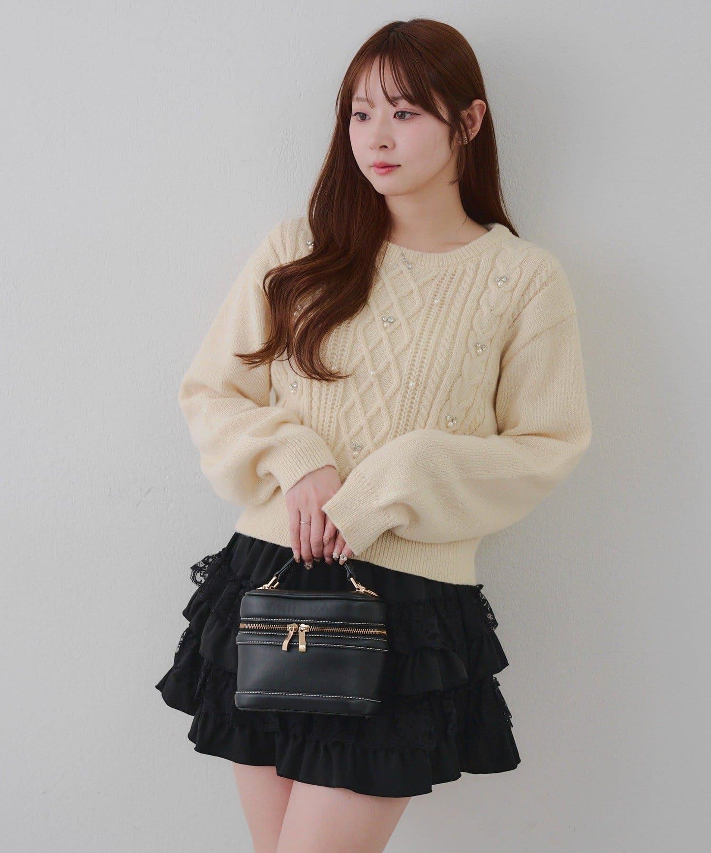 珍珠裝飾麻花針織套頭衫