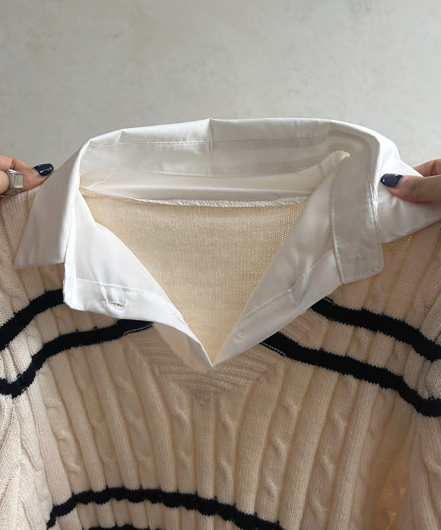 襯衫拼接麻花條紋針織上衣