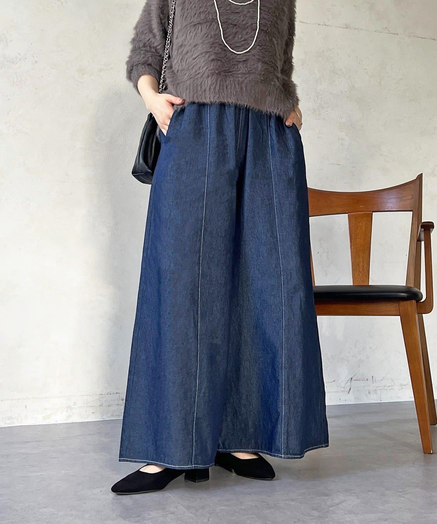 褶皺鬆緊牛仔闊腿褲