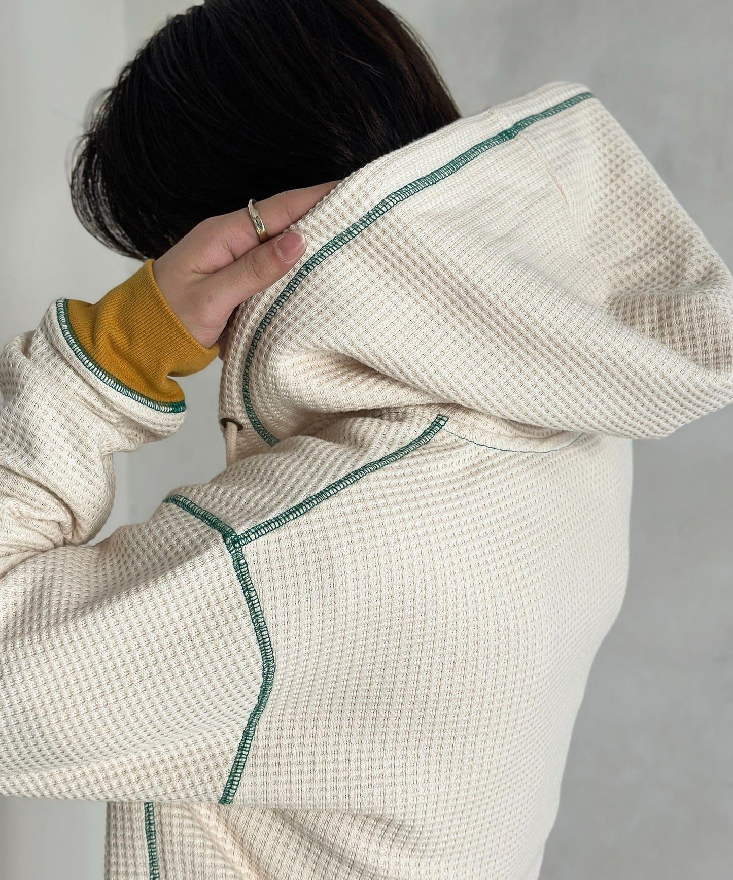 華夫格羅紋拼色拉鍊連帽衛衣