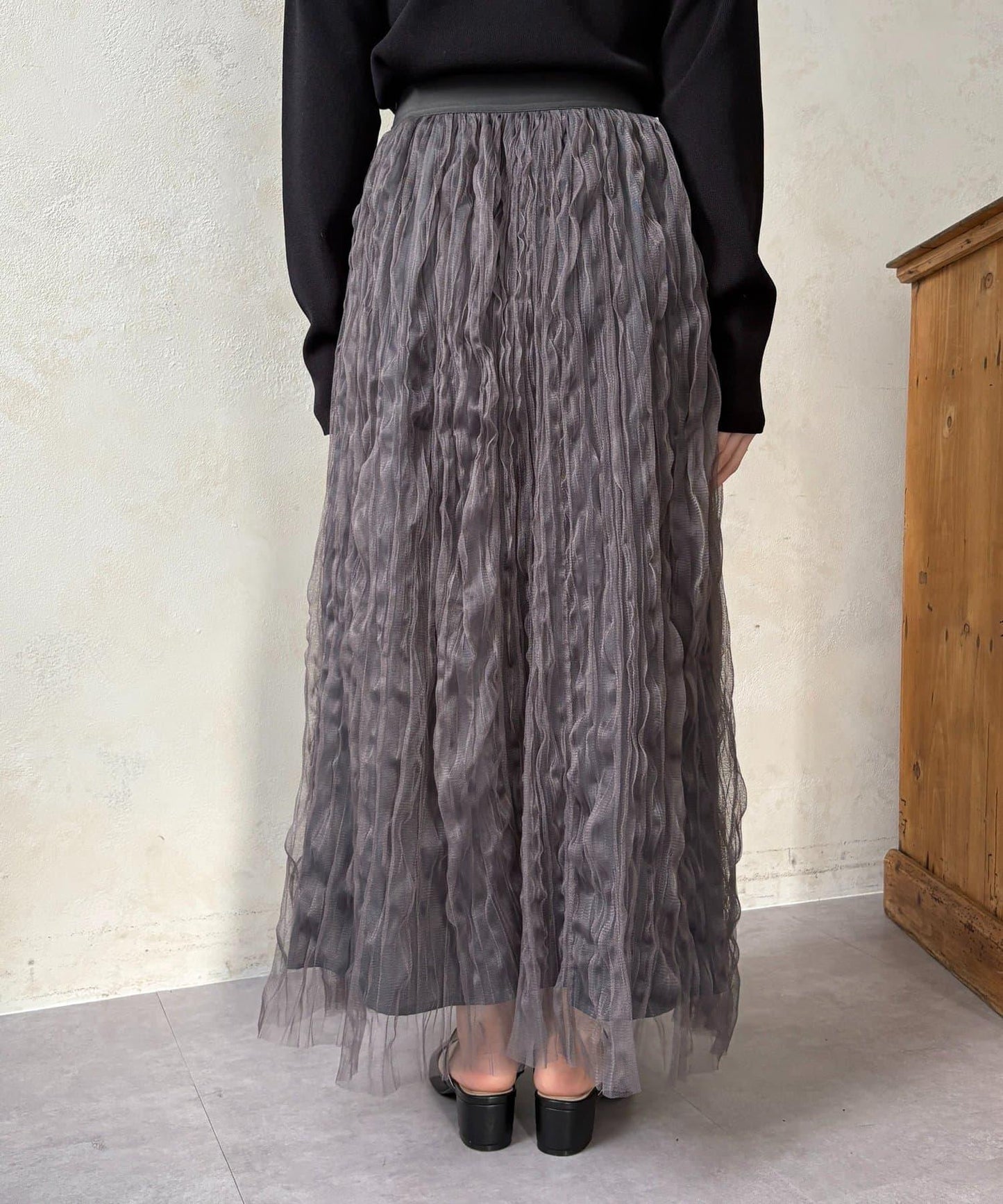 波浪皺感透紗半身裙