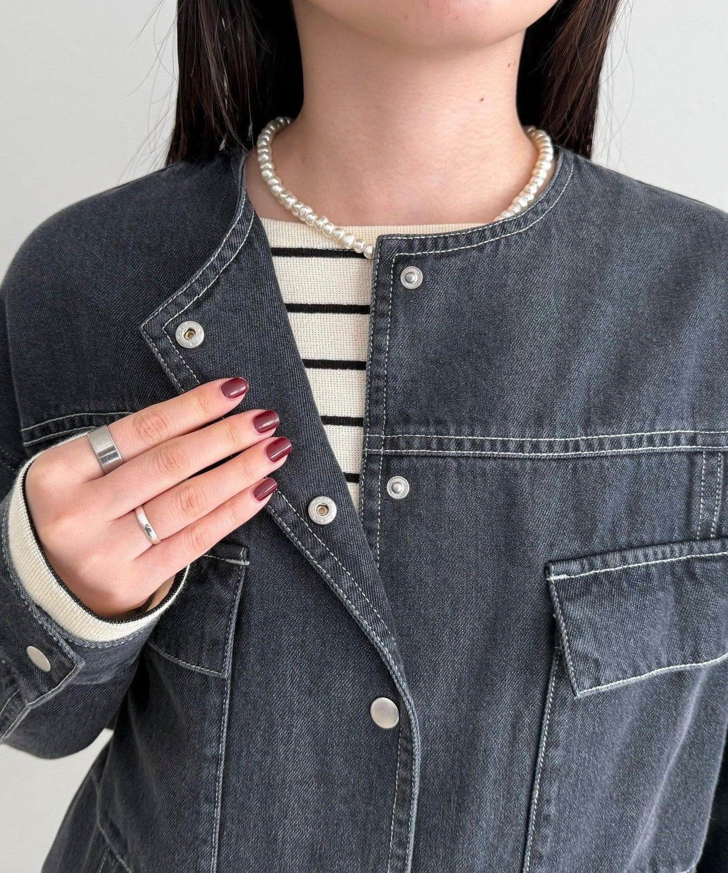 微色調牛仔無領夾克