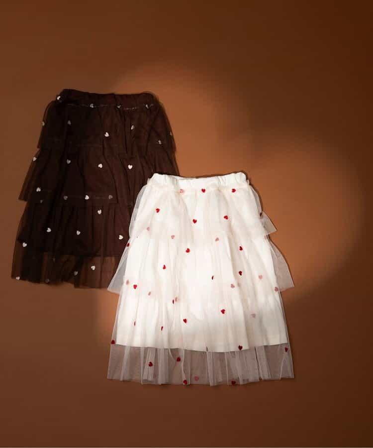 ハート総柄刺繍チュールスカート