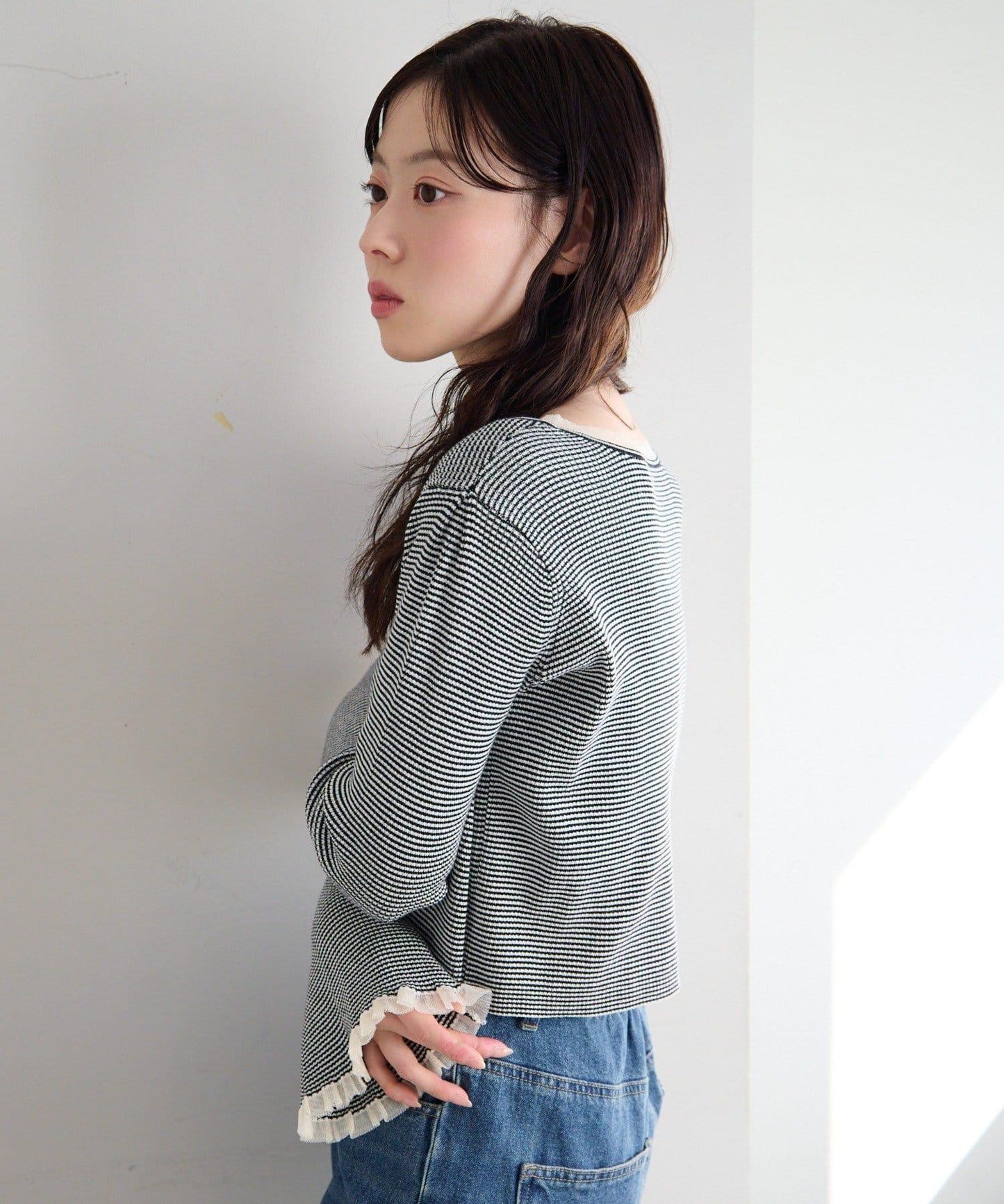 珍珠紐扣荷葉邊針織開衫