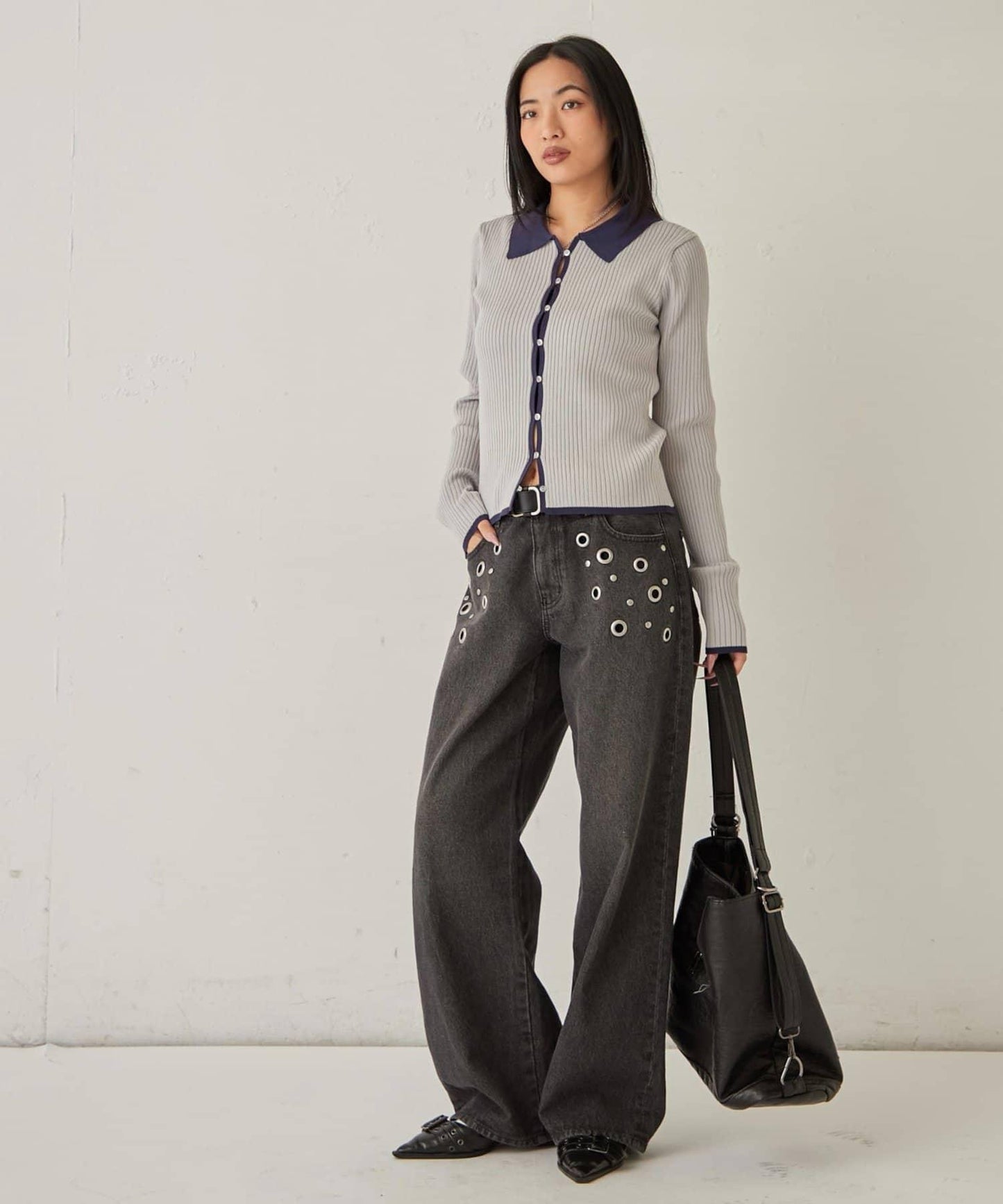 TWO-TONE 有領羅紋修身針織開衫