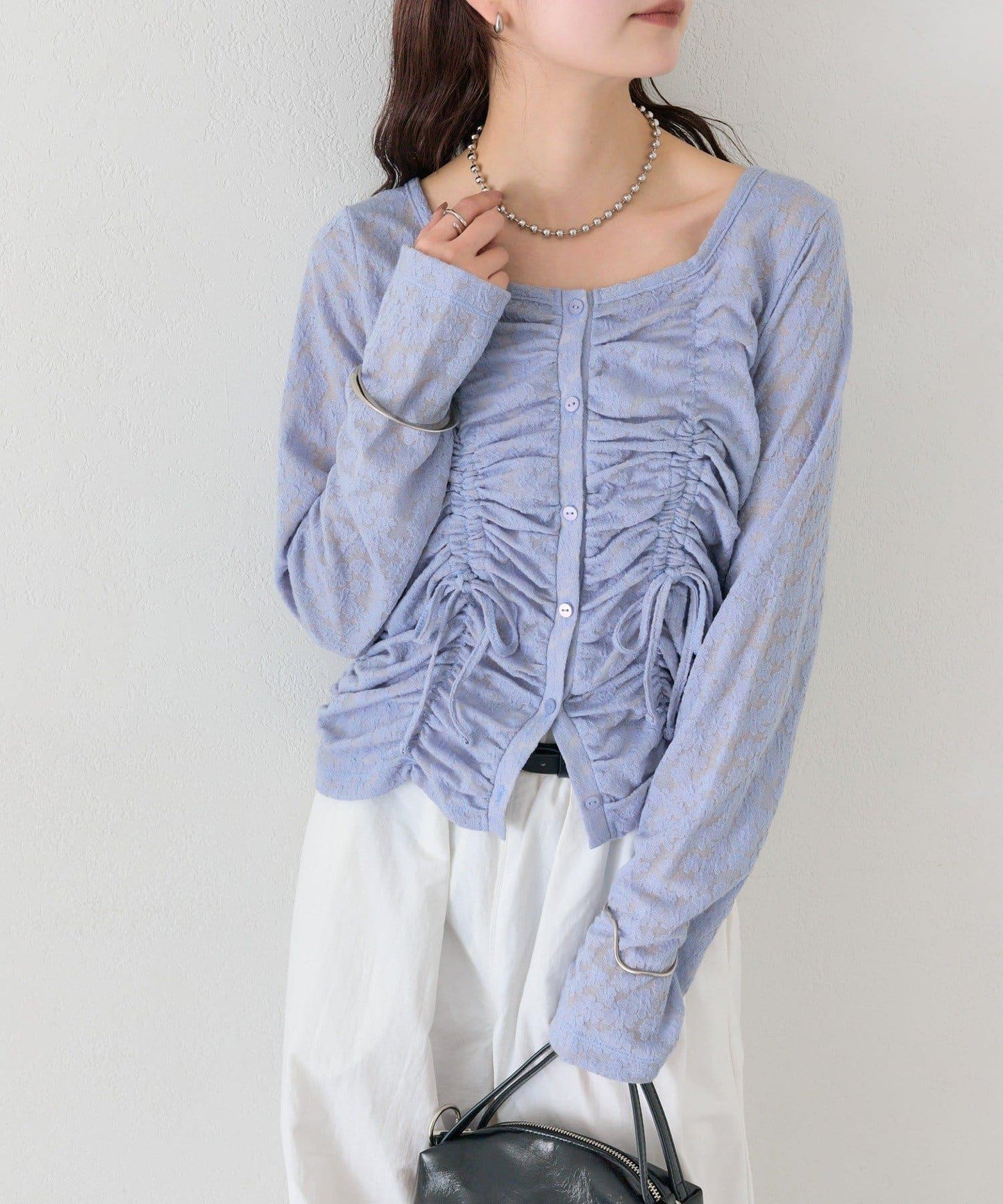 抽褶蕾絲 針織開衫