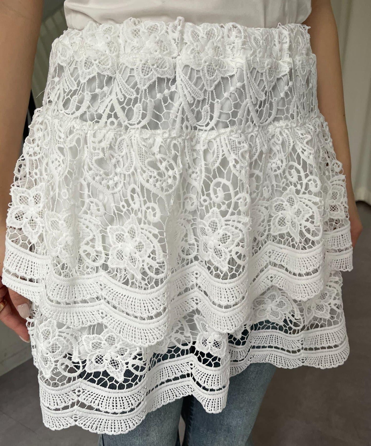 花卉蕾絲疊層迷你半身裙