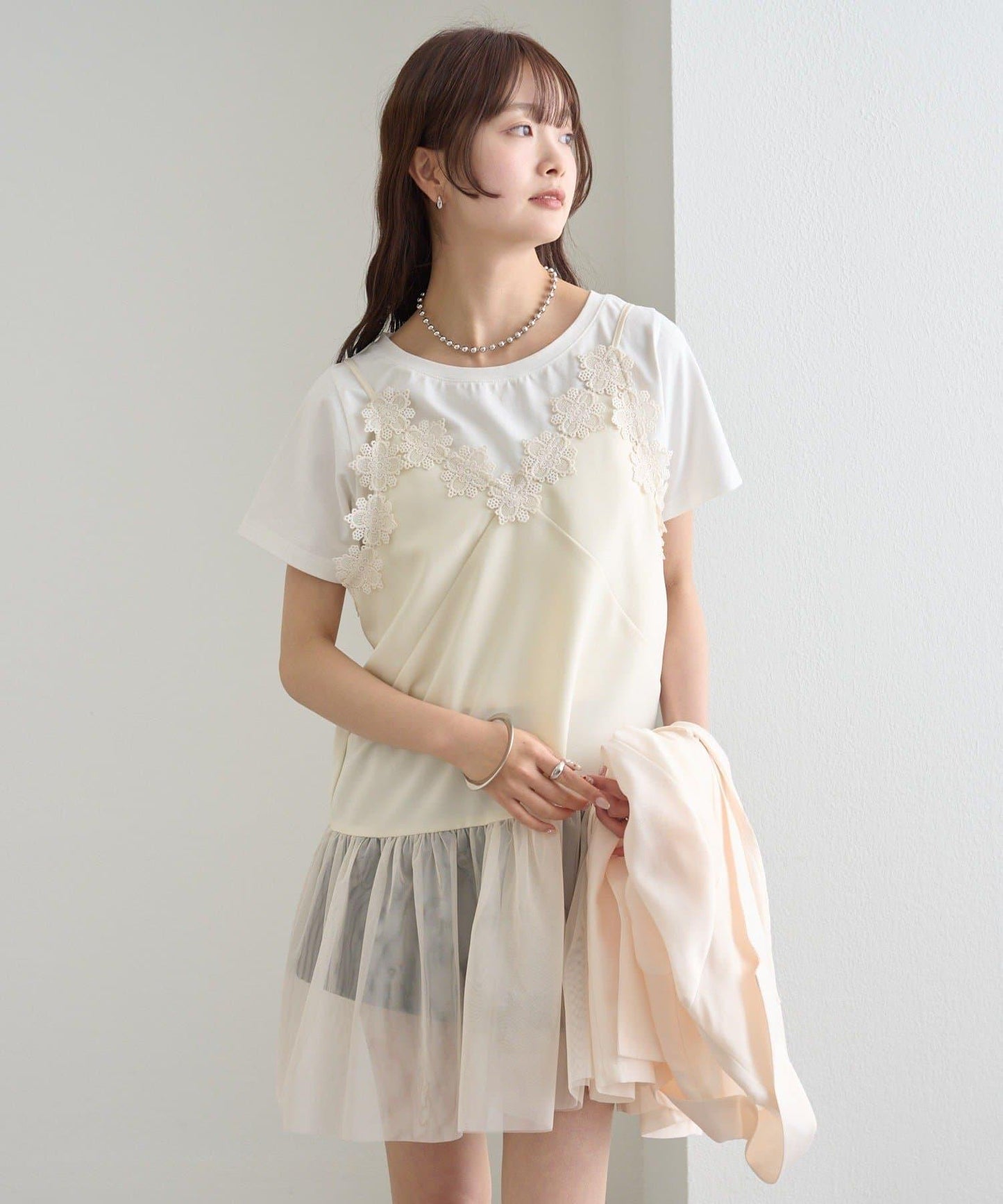 下襬網紗裝飾 吊帶長款上衣