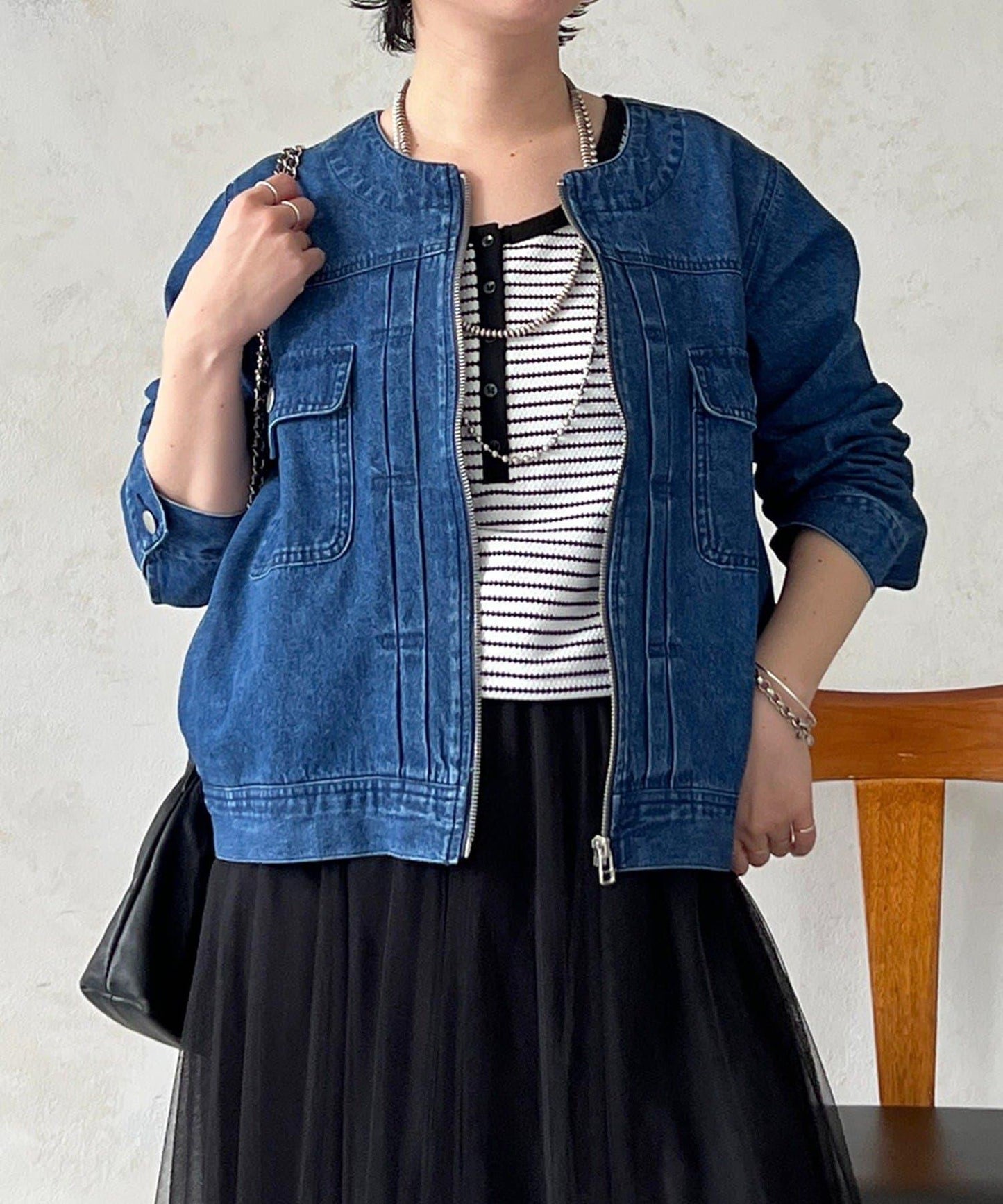 無領拉鍊牛仔短外套