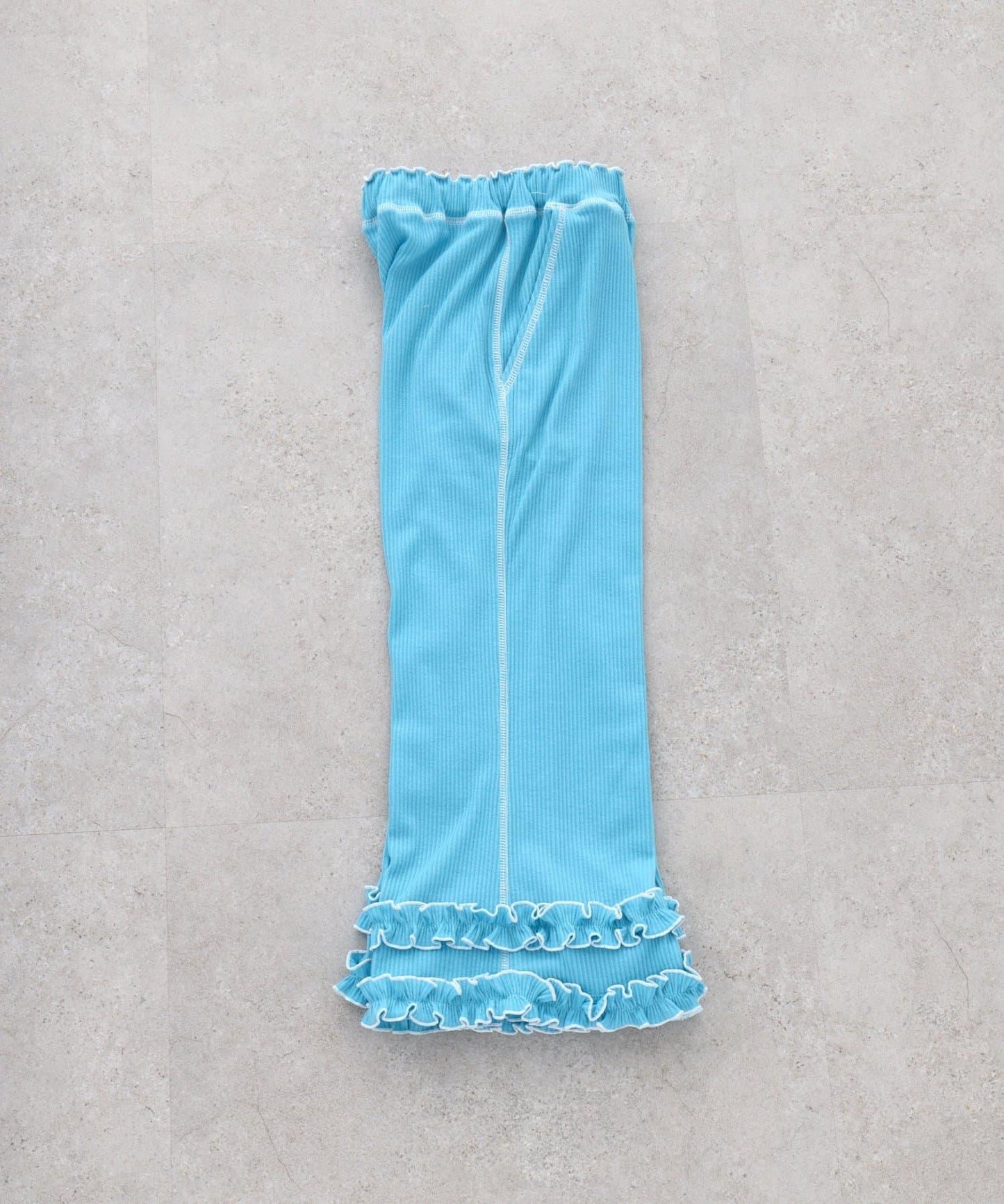 褲腳荷葉邊撞色走線微喇羅紋褲子