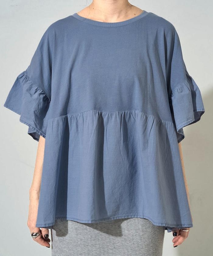 水洗做舊拼接荷葉邊上衣