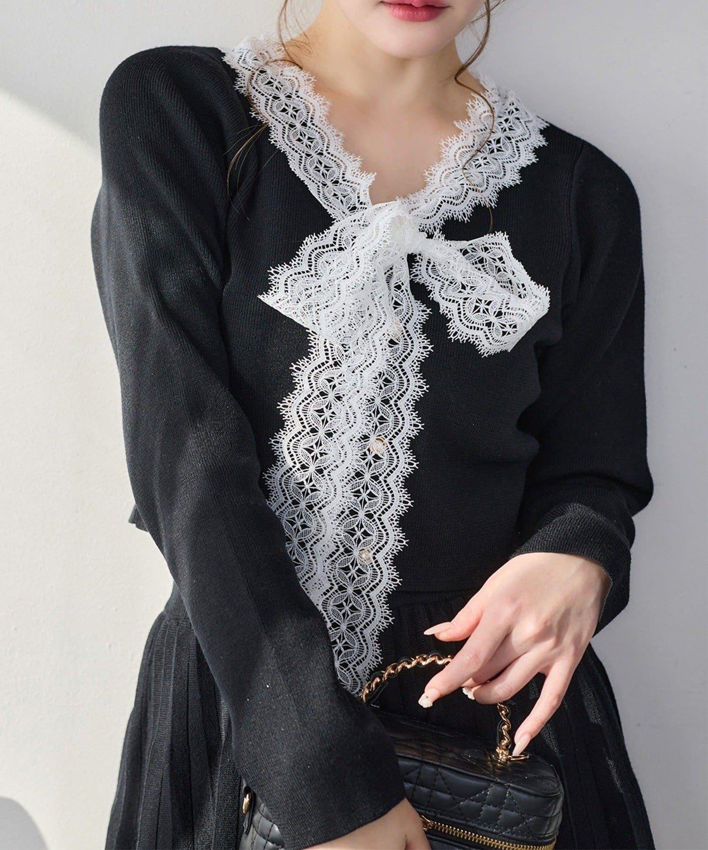 one after another 蕾絲蝴蝶結針織套裝