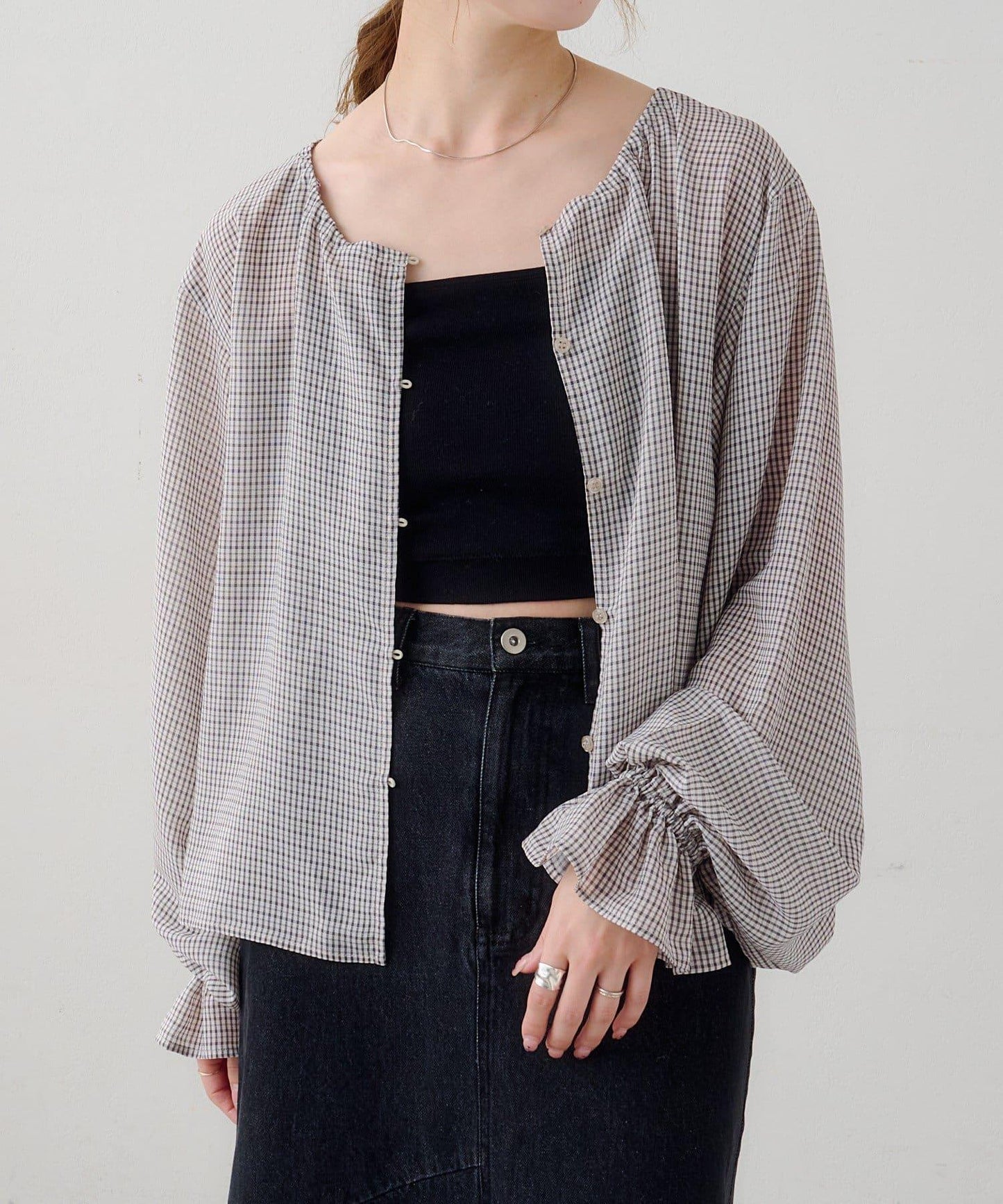 B 透感格紋 蝴蝶結設計 襯衫