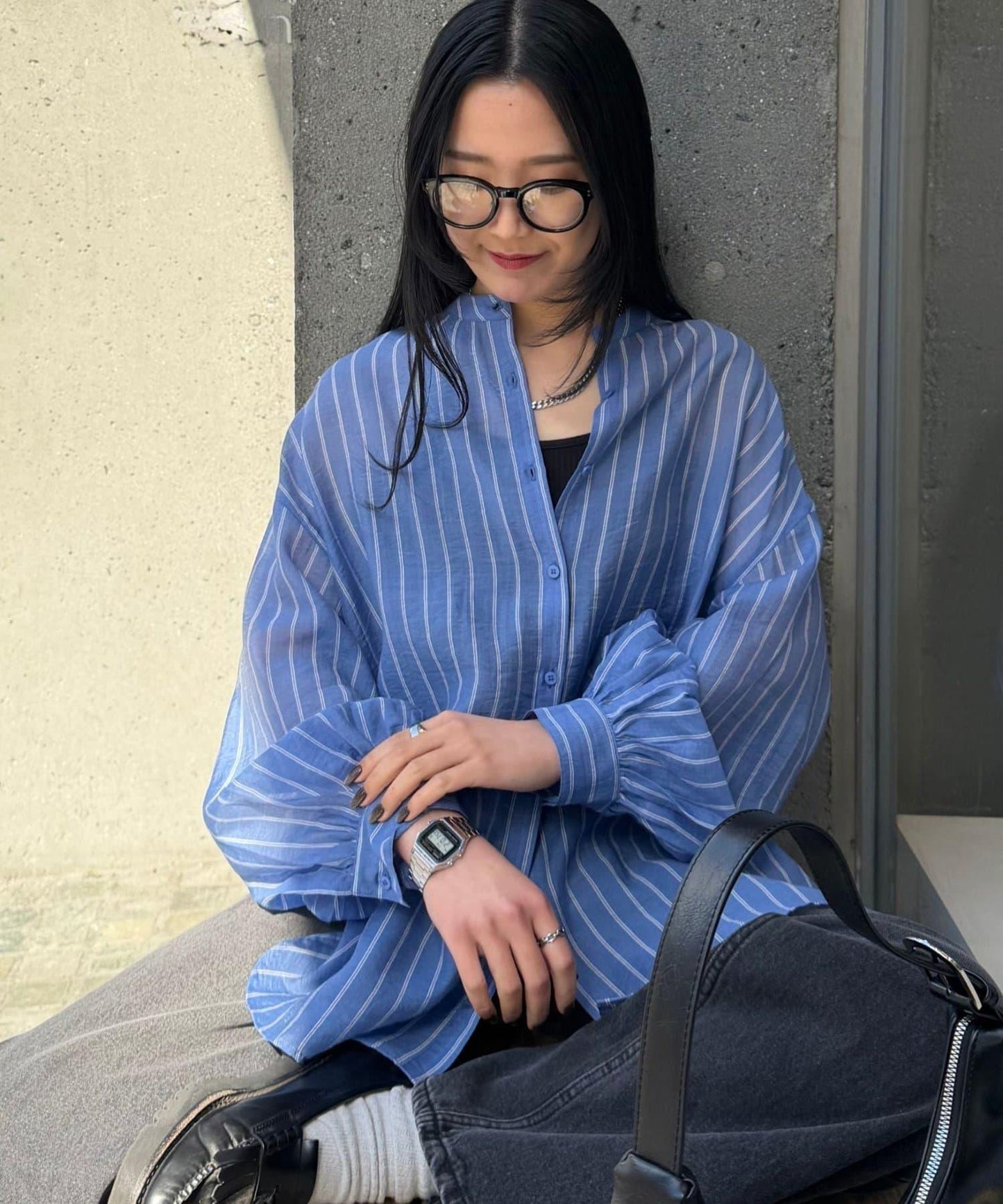 條紋透視立領長袖襯衫