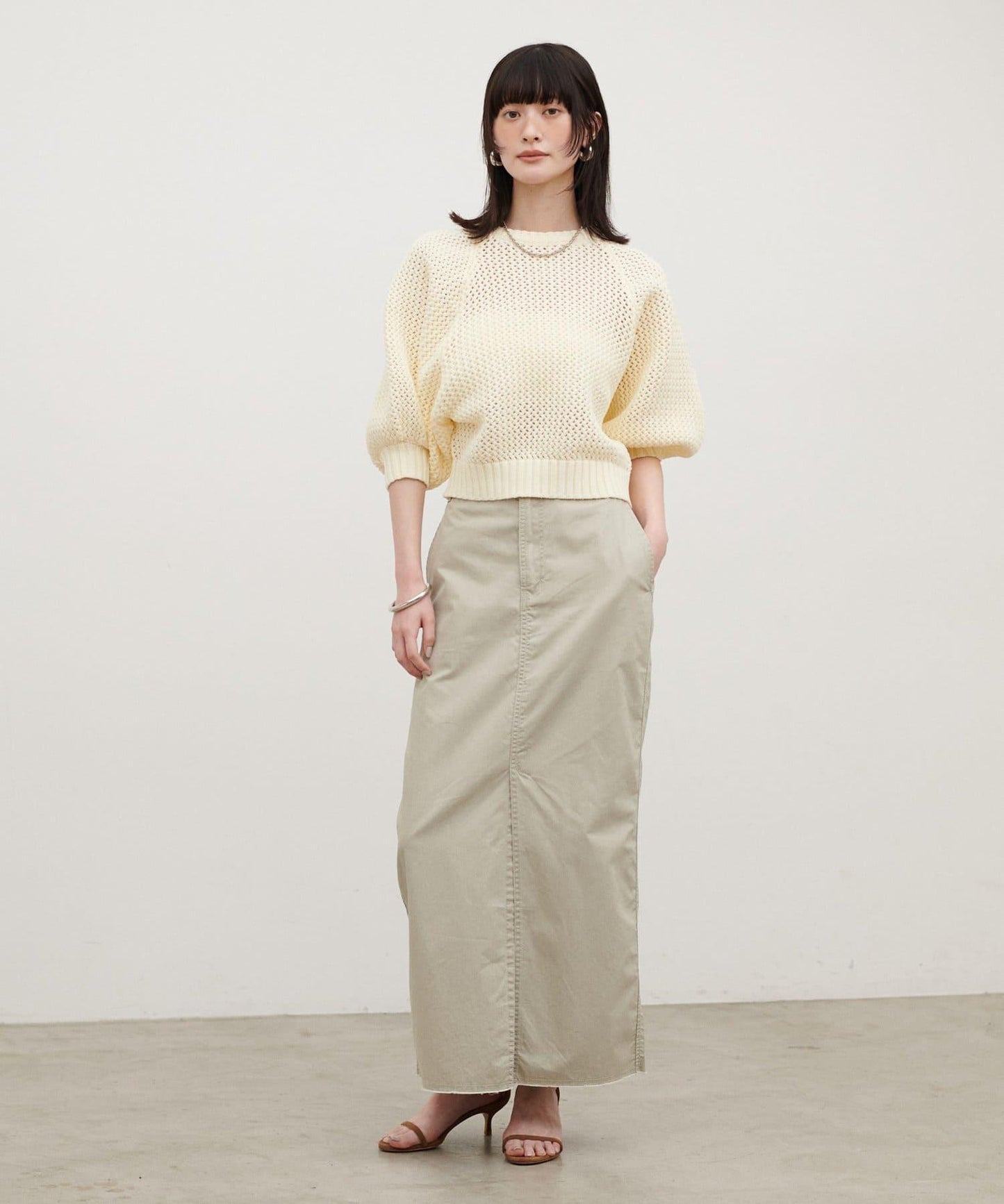 網眼蓬鬆袖 針織上衣