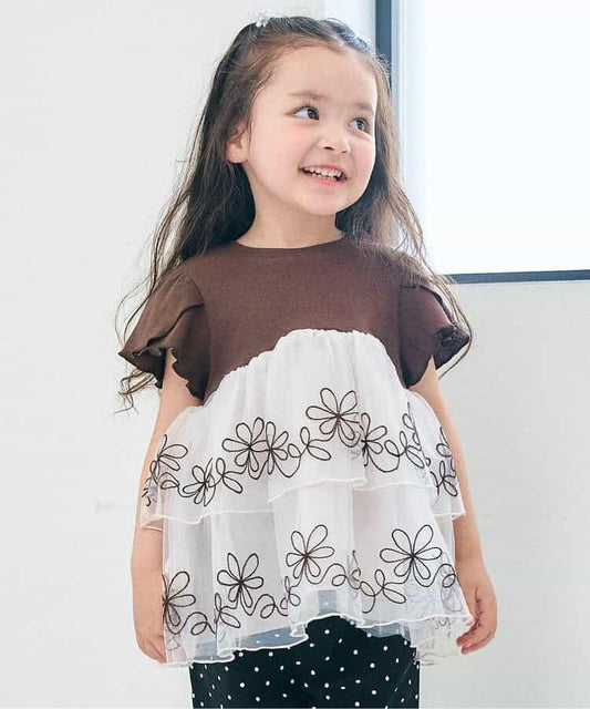 網紗刺繡拼接上衣