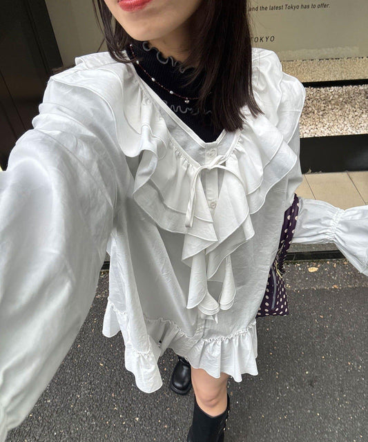 荷葉邊領片 set 縮省長版上衣