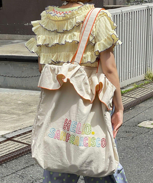 HELLO.SANFRANCISCO 荷葉邊刺繡大號托特包