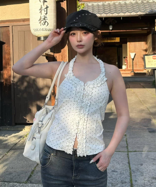 圓點/格紋 掛脖荷葉邊 前扣 上衣