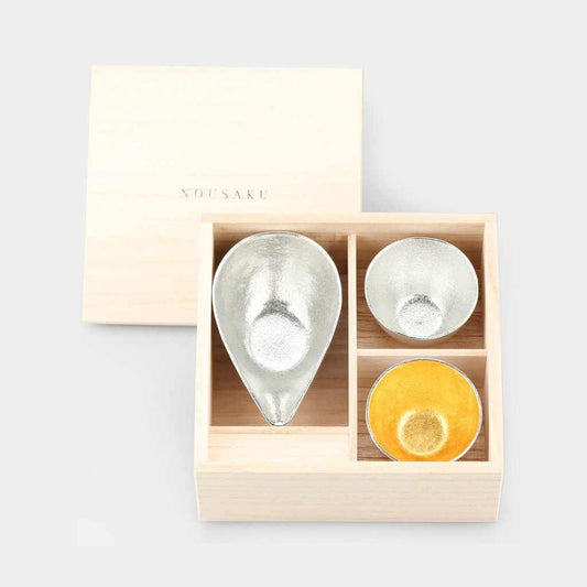 錫金箔鑄造 片口小號與清酒杯套裝 桐木盒裝 酒具套裝 能作