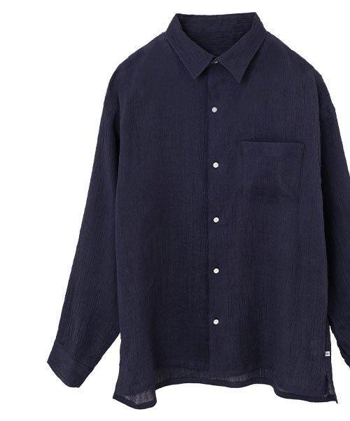 麻100% ちぢみ メンズ レギュラー カラー シャツ 長袖 Navy (2036011446511)