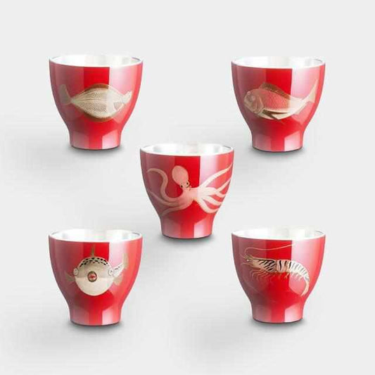 錫漆輪島工藝 海產之圖紅色 清酒杯5件套 大阪浪華錫器