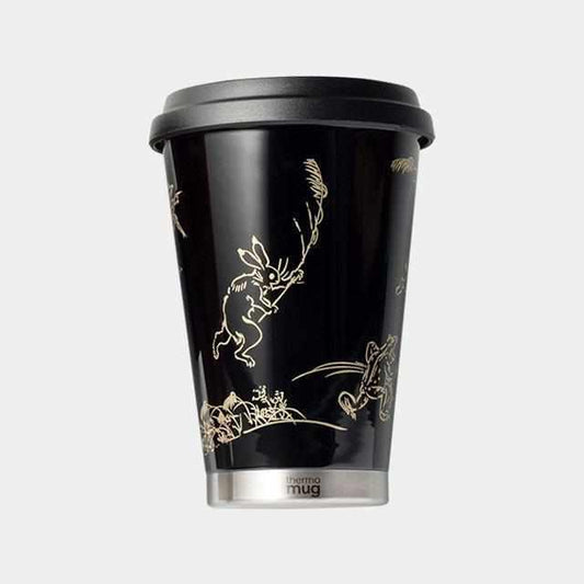 thermo mug × 土直漆器 漆藝鳥獸戲畫圖案 隨行杯(黑色)