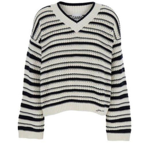 GANNI【ガニー】WHITE AND BLACK STRIPE SWEATER WITH V NECK(K2239) (K2239)