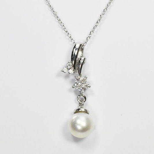 花珠真珠 6mm珠 ダイヤモンド0.1ct フラワー&パールネックレス アコヤ本真珠 (MSP-0022)