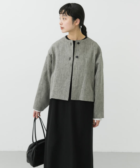 亞麻織物蝴蝶結無領夾克