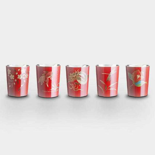 大阪浪華錫器 輪島仕上 上燗杯 硃色 櫻椿金魚蜻蜓龍圖案 5件套 杯子套裝