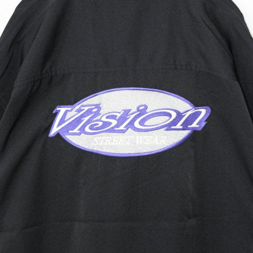 VISION STREET WEAR 圓形標誌刺繡開襟短袖襯衫 黑色【特價】 (CT6219BK)