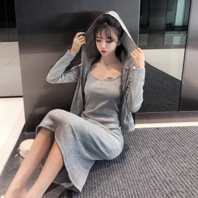 2件套室內服 帽衫＆吊帶連衣裙 灰色［特價］ (CT6632GY)