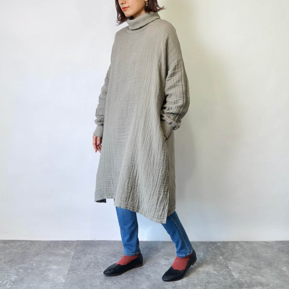 高領連衣裙 毛絨6層紗布/卡其色/三河織物