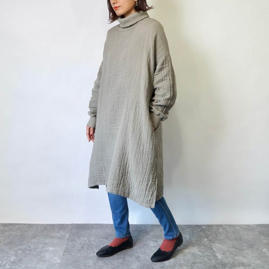 高領連衣裙 毛絨6層紗布/卡其色/三河織物