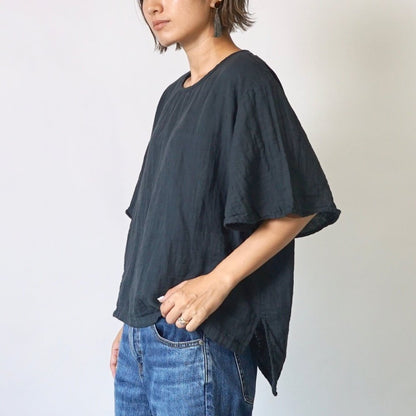 喇叭袖 紗T恤/黑色/三河織物雙層紗布