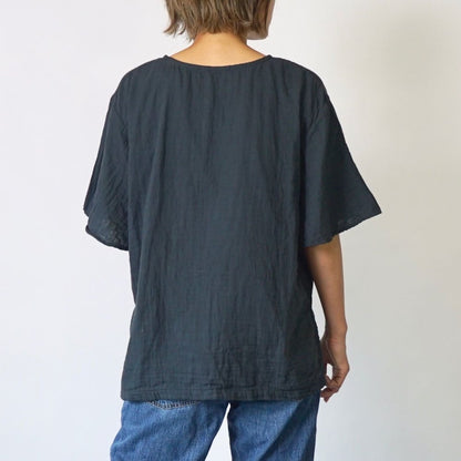 喇叭袖 紗T恤/黑色/三河織物雙層紗布