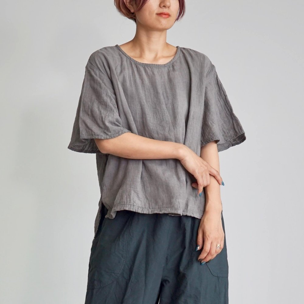 喇叭袖 紗T恤/灰色/三河織物雙層紗