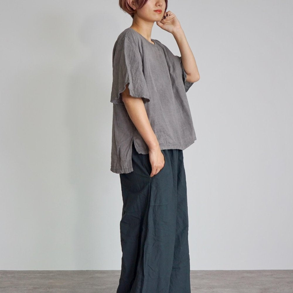 喇叭袖 紗T恤/灰色/三河織物雙層紗