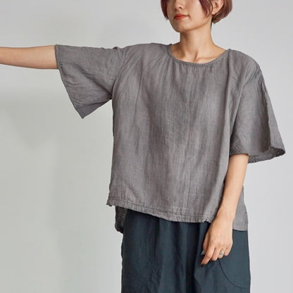 喇叭袖 紗T恤/灰色/三河織物雙層紗