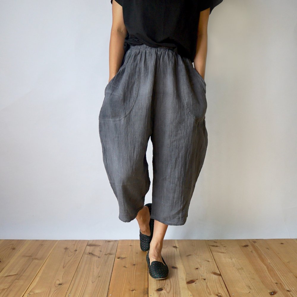 七分褲紗布氣球褲/灰色/知多棉 格子紋紗布