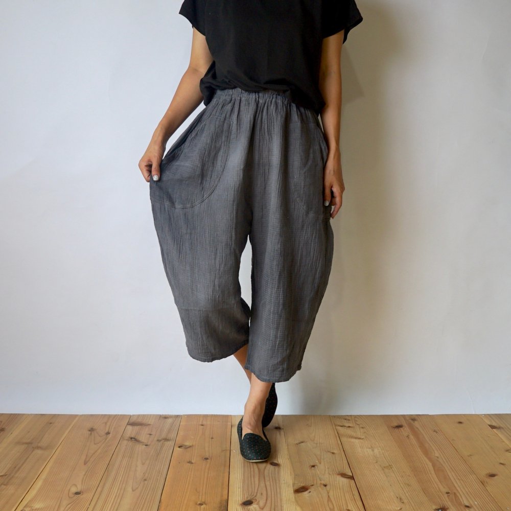 七分褲紗布氣球褲/灰色/知多棉 格子紋紗布