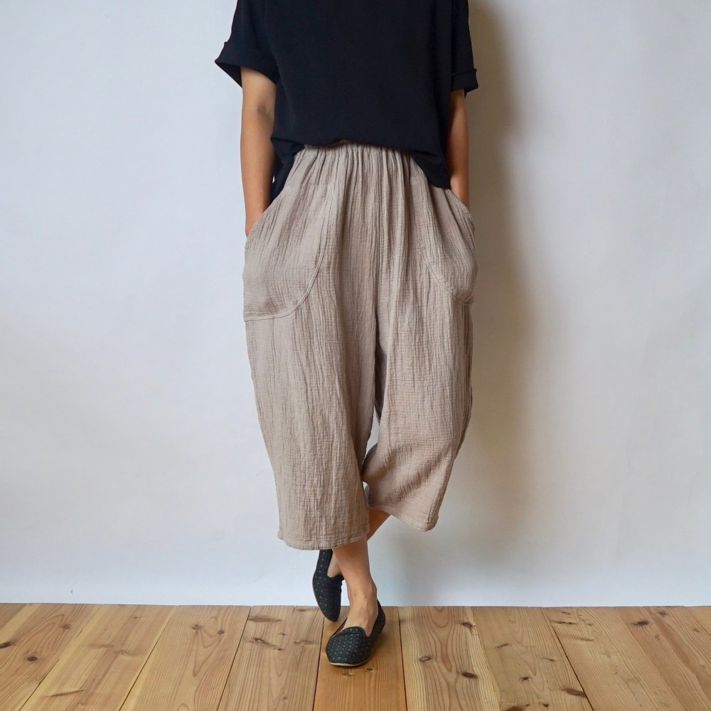 七分褲紗布氣球褲/粉米色/知多棉 格子紋紗布