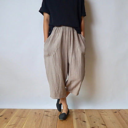 七分褲紗布氣球褲/粉米色/知多棉 格子紋紗布