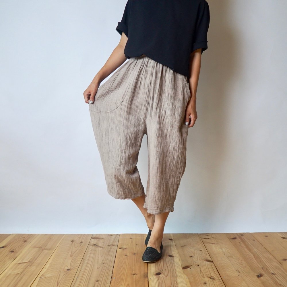 七分褲紗布氣球褲/粉米色/知多棉 格子紋紗布