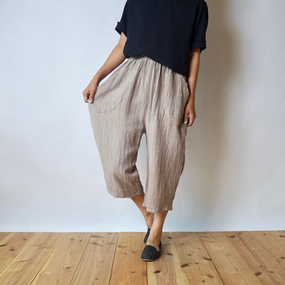 七分褲紗布氣球褲/粉米色/知多棉 格子紋紗布