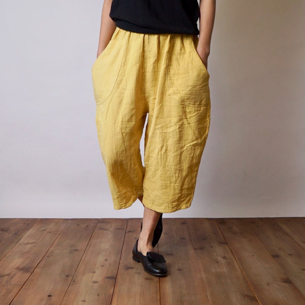 七分褲紗布氣球褲/黃色/知多棉 格子紋紗布