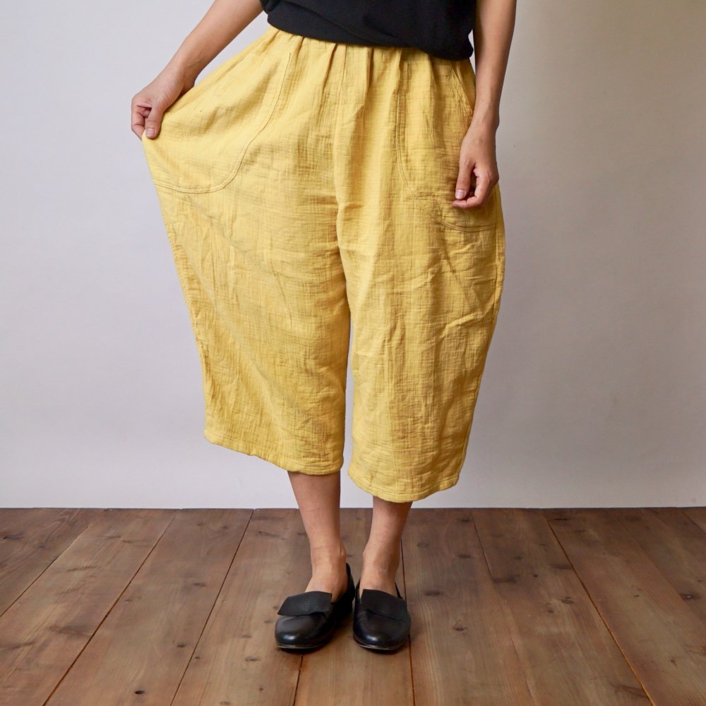 七分褲紗布氣球褲/黃色/知多棉 格子紋紗布
