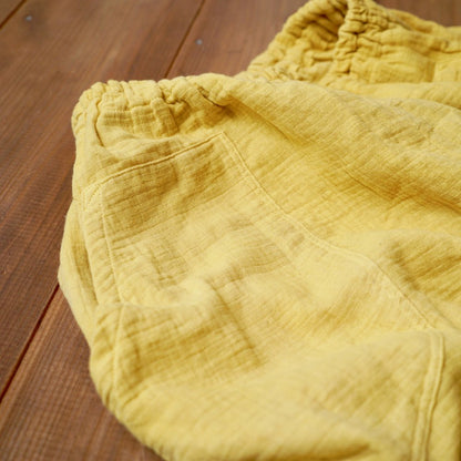 七分褲紗布氣球褲/黃色/知多棉 格子紋紗布