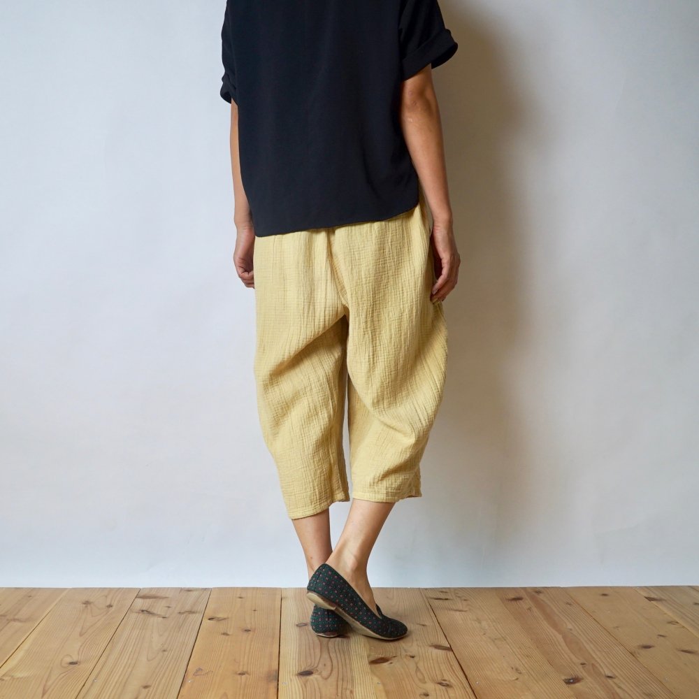 七分褲紗布氣球褲/黃色/知多棉 格子紋紗布